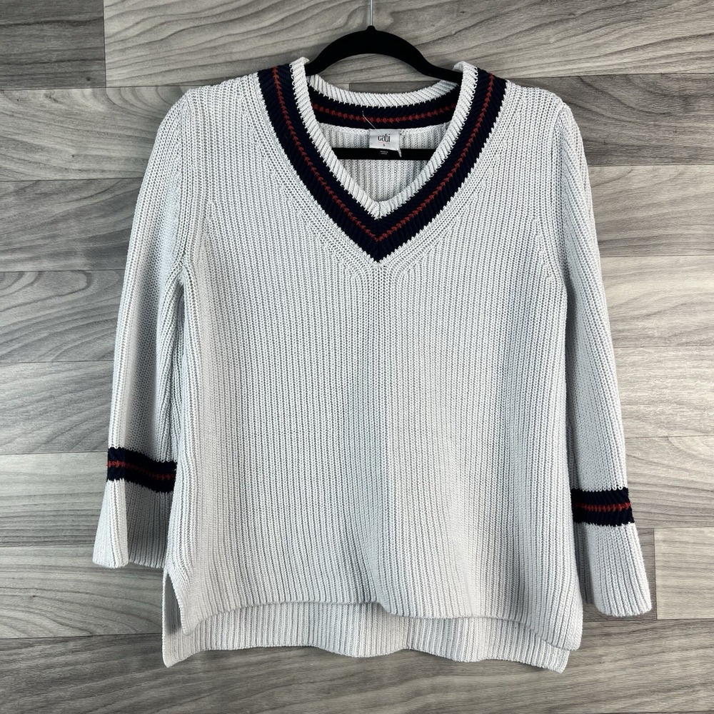 Cabi Pullover Sweater Women S White Striped 3/4 Flare Sleeve V Neck Cotton Blend - Picture 5 of 12
